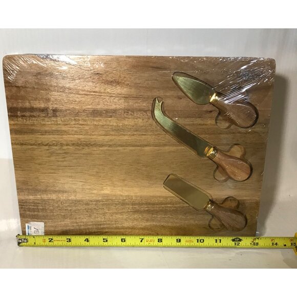 Acacia Wood Cheese Board Charcuterie Board 3 Stainless Steel Knives Gold Tone - Picture 2 of 9